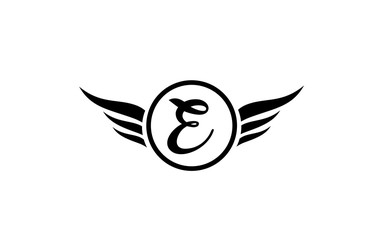 black and white E wing wings alphabet letter logo icon with circle for company design and business