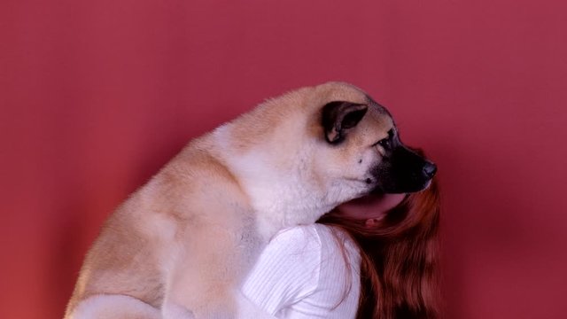 A young woman with red hair holds a dog in her arms.