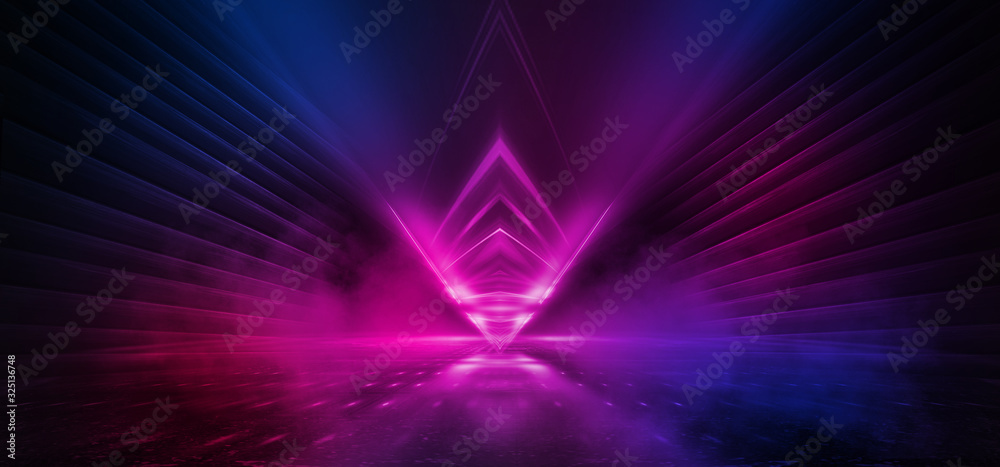 Wall mural dark background with lines and spotlights, neon light, night view. abstract pink background.