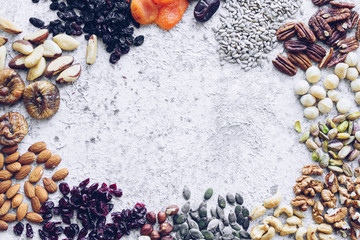Various nuts, seeds and dried fruits assortment frame