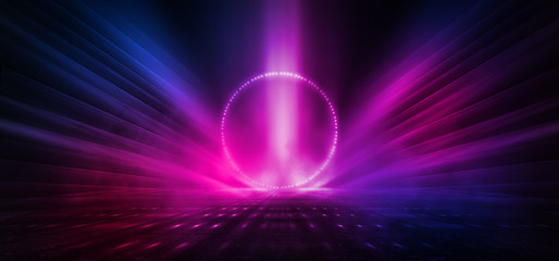 Dark background with lines and spotlights, neon light, night view. Abstract pink background.