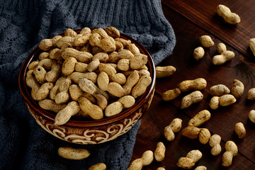 Peanuts in a bowl on the dark background. Peanuts in a shell. Healthy food.