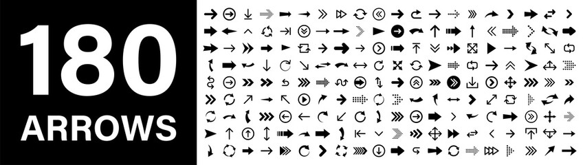 Arrows big black set of 180 icons. Arrow icon. Arrow vector collection. Arrow. Cursor. Modern simple arrows. Vector illustration.