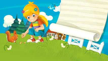 cartoon farm ranch with meadow with girl and football gate with space for text illustration