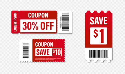 Set of Template Coupon. Gift Coupon element template, graphics design. Voucher promo code. Shopping, marketing, food and drink, business. Vector illustration.