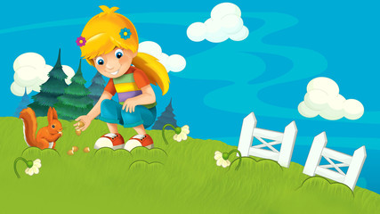 Obraz na płótnie Canvas cartoon farm ranch with meadow with girl with space for text illustration