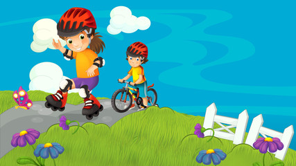 cartoon farm ranch with meadow with girl skating and boy riding on bicycle with space for text illustration