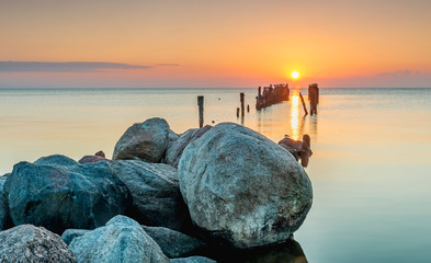  Remains of old broken fisheries pier, Baltic Sea, sunrise
