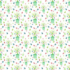 Seamless easter pattern with watercolor hand-drawn easter tree and eggs.