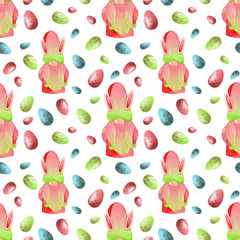 Easter seamless pattern with watercolor bunny gnomes and eggs.