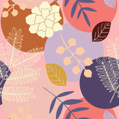 Abstract colorful seamless repeat pattern with leaves and flowers. Background with circles in modern style. Perfect for summer decoration.