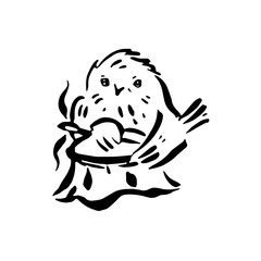 The bird embroiders on the hoop. Hand-drawn in line art style. Monochrome vector illustration. Isolated on white.