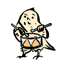 The bird is drumming. Hand-drawn.  Vector illustration Isolated on white.