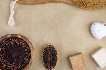 bath accessories as coffee scrub, brush