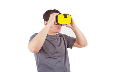 boy with virtual reality goggles enjoying the experience