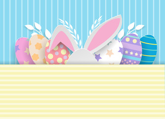 white ear rabbit  with paper leaf and colorful eggs on yellow and blue background.