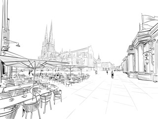 Street cafe on the background of the basilica. Bordeaux. France. Hand drawn sketch. Vector illustration.