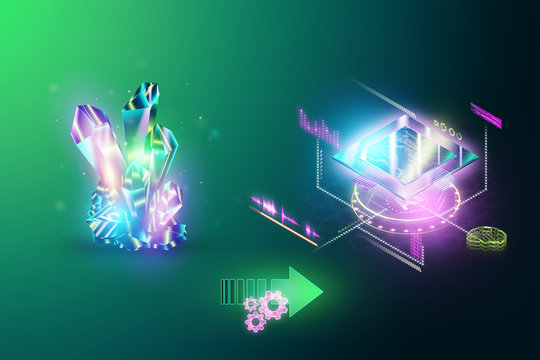 Production of gpu, cpu processors from krmstall, new technologies, fast information processing, multithreading, parallel information processing. Isometric image, 3D render, 3D illustration