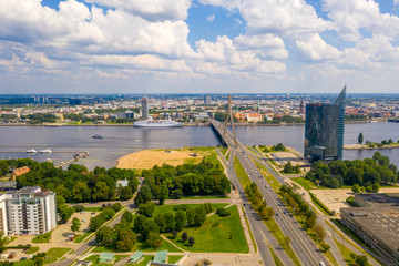 Aerial view of the Riga city during sunny summer day. Beautiful Latvia.