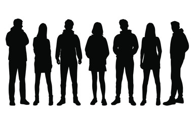 Vector silhouettes of  men and a women, a group of standing  business people, black color isolated on white background