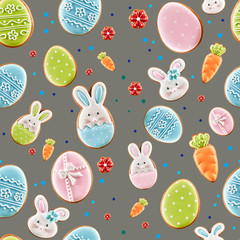 Easter ginger cookies on gray background.