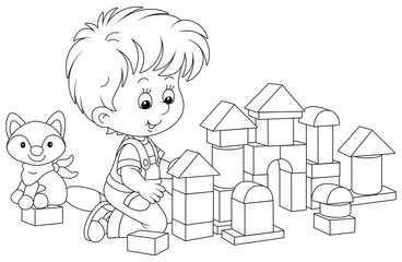 Little boy smiling, playing with bricks and constructing a toy fortress for a game, black and white vector cartoon illustration for a coloring book page