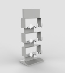 empty shelves with shelf-stopper or Shelf Wobbler on a white background. 3D illustration 