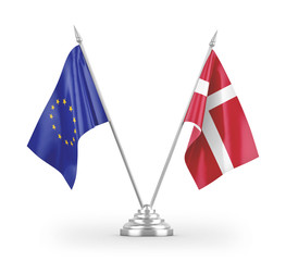 Denmark and European Union table flags isolated on white 3D rendering