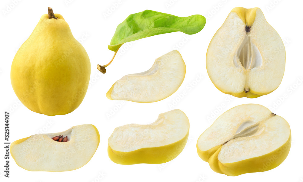 Poster isolated cut quince collection. whole quince fruit and pieces of different shape isolated on white b