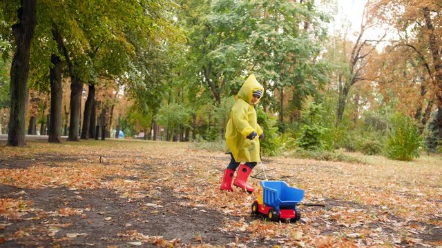 4k video of little toddler boy in raincoat walking on fallen autumn tree leaves at park and pulling toy truck by rope