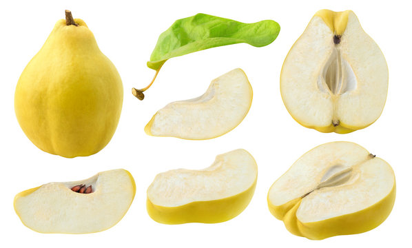 Isolated cut quince collection. Whole quince fruit and pieces of different shape isolated on white background with clipping path