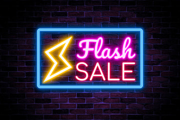 Flash sale neon banner, night bright advertising, light banner.  for discount.