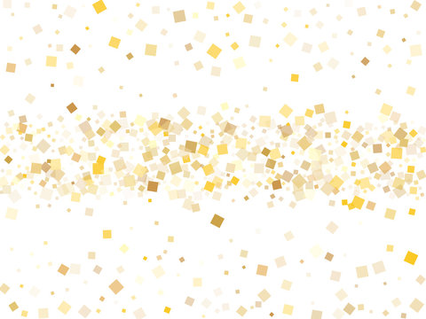 Abstract gold square confetti tinsels scatter on white. Luxurious Christmas vector sequins background. Gold foil confetti party explosion pattern. Overlay particles invitation backdrop.
