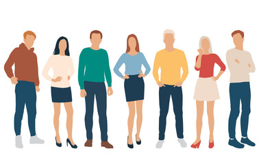 Set of men and women, different colors, cartoon character, group of silhouettes standing business people, flat icon design concept isolated on white background