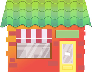 Grocery shop facade flat illustration. Eco, organic store building exterior. Vegetarian, vegan products, goods assortment. Fruits and vegetables market isolated clipart. Shopping, commerce, trade
