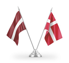 Denmark and Latvia table flags isolated on white 3D rendering