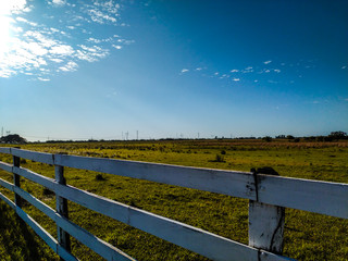 Fototapeta premium campo abierto verde con cerca de frente y cielo azul