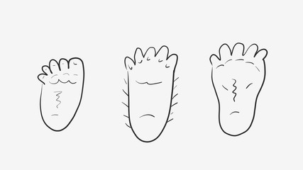 Sasquatch legs isolated on white. Yeti footprints are different comical.