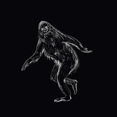 Obraz na płótnie Canvas Sasquatch running isolated on black. Yeti shaggy legendary walking.