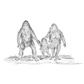 Sasquatch Family Isolated On White. Bigfoot Dad Mom And Their Baby.