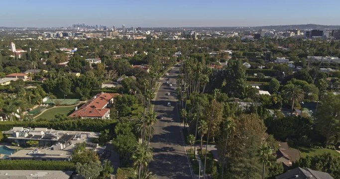 Los Angeles Aerial v201 Following path of Beverly Hills, The Flats neighborhoods palm tree-lined street - October 2019