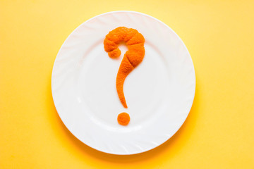 question mark on white plate. FAQ concept. what to cook today question. Choice of the best sort and...