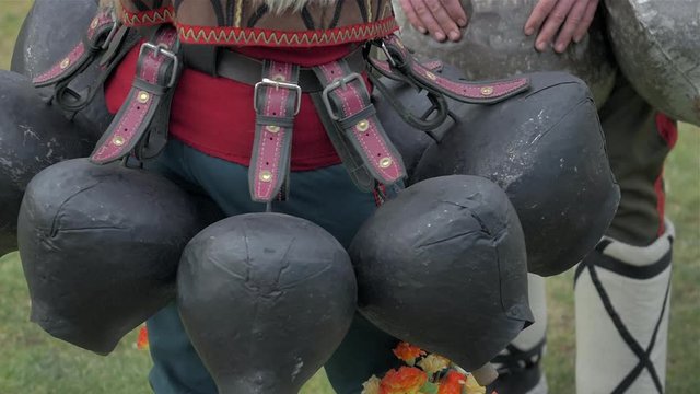 Participants take part in the International Festival of Masquerade Games Surva. The festival promotes variations of ancient Bulgarian and foreign customs and masks. x5 slow motion.