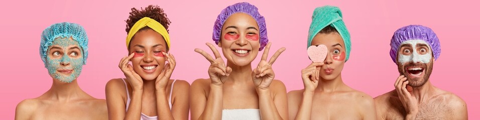 Set of various women applies undereye patches, man with clay nourishing mask, attend beauty salon, being in good mood, stand half naked against pink background. Face treatment and wellness concept - obrazy, fototapety, plakaty