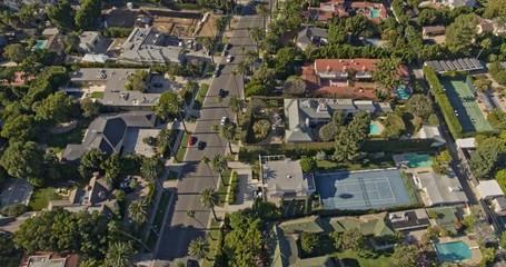 Los Angeles Aerial v202 Following path of Beverly Hills, The Flats neighborhoods palm tree-lines street in birdseye - October 2019