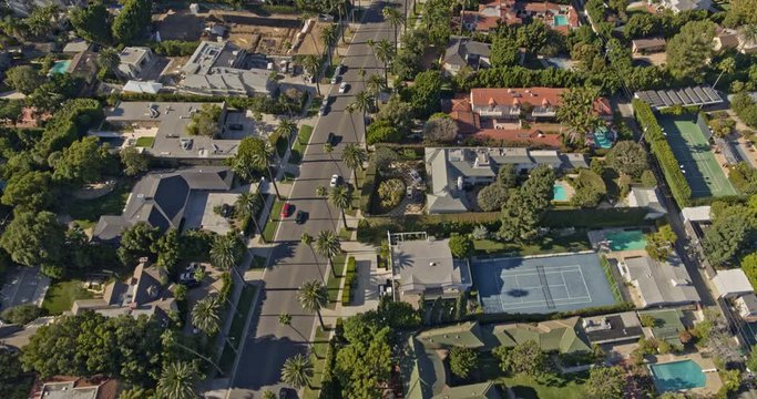 Los Angeles Aerial v202 Following path of Beverly Hills, The Flats neighborhoods palm tree-lines street in birdseye - October 2019