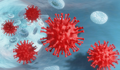 Coronavirus outbreak and coronaviruses influenza background as dangerous flu strain cases as a pandemic medical health risk concept with disease cells as a 3D render