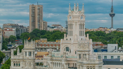 Fototapeta na wymiar Madrid timelapse, Beautiful Panorama Aerial View of Madrid Post Palacio comunicaciones, Plaza de Cibeles, Cibeles Palace, Spain