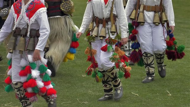Participants take part in the International Festival of Masquerade Games Surva. The festival promotes variations of ancient Bulgarian and foreign customs and masks. x5 slow motion.