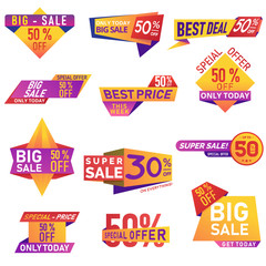 Obraz premium Retail sale tags. Cheap price flyer, best offer price and big sale pricing tag badge design. Limited sales offer label or store discount banner card isolated vector icons collection